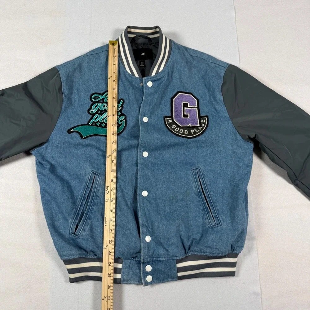 HM Mens Denim Varsity Jacket Blue Gray A Good Place Chenille Patch Bomber M